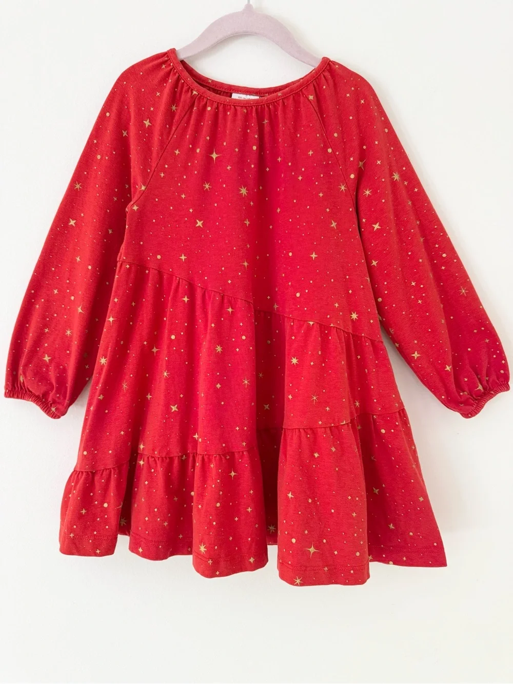 Hanna Andersson Red and Gold Long Sleeve Sparkle Tiered Dress, Size 4